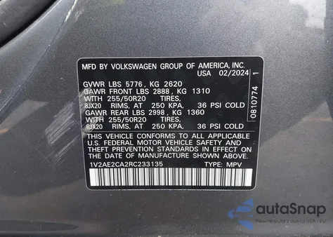 2024 Volkswagen Atlas Cross Sport 2.0T Sel R-Line z USA, uszkodzony, nr VIN 1V2AE2CA2RC233135